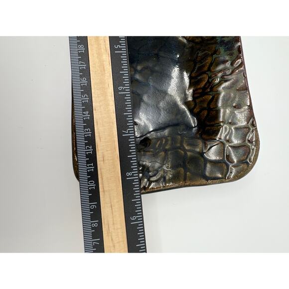 Signed Art Pottery Rectangle Reptile Design Texture Brown Green Shiny Glaze Dish - Picture 8 of 11